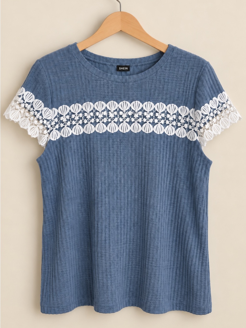 SHEIN Blue Ribbed Tee with White Crochet Lace